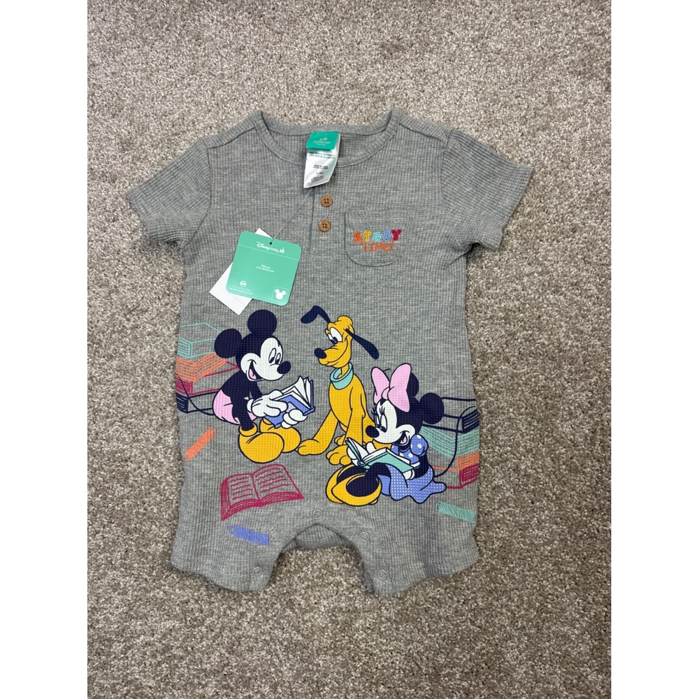 Disney Baby Mickey Minnie Pluto Story Time Waffle Knit Romper Grey 12M YGA01R2